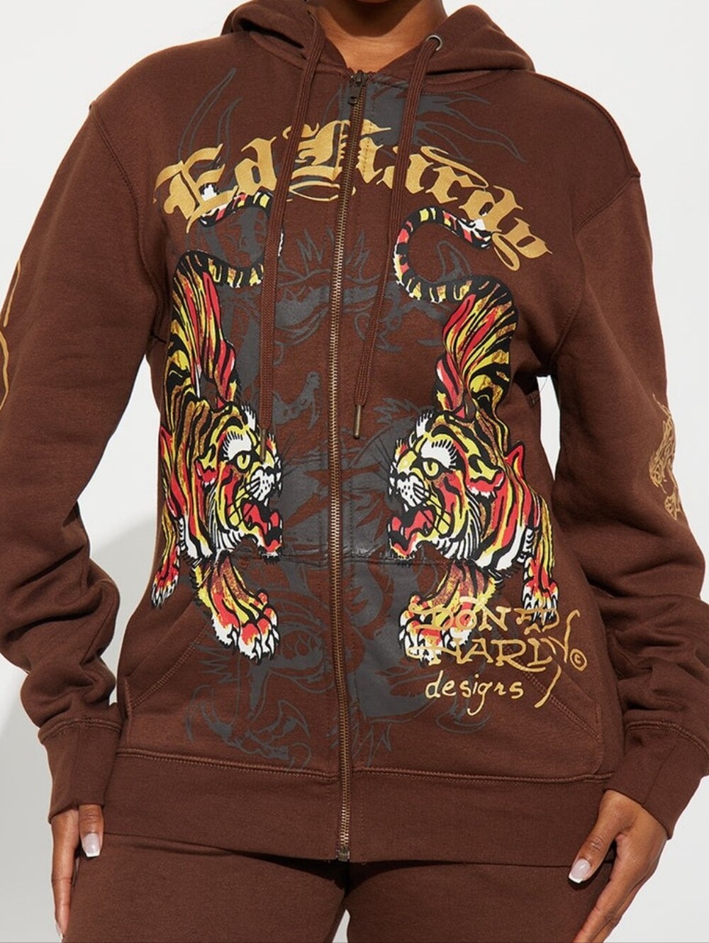 Ed Hardy Brown Zip-Up Hoodie with Tiger Graphic